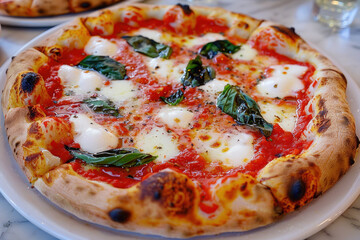 Neopolitan Pizza served on a wooden board from the brick oven