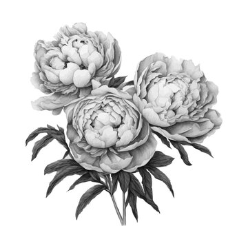 Illustration with hand drawn peony  flowers on transparent background. Black and white vector image is ideal for the design of posters cards wallpapers covers, for prints on various surfaces
