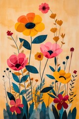 A colorful flower design on a beige background. A vibrant and whimsical painting of a coquelicot flower, drawn by a child, on a neutral beige backdrop