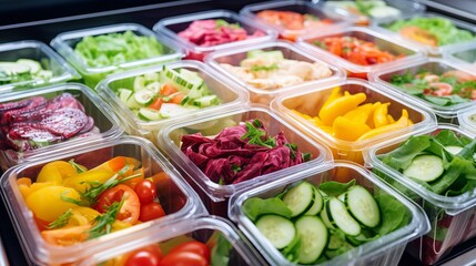 Ready-to-eat vegetable salads in plastic boxes sold in a fridge