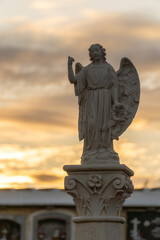  Silhouette of the statue of an angel, on a pedestal in the cemetery, against cloudy sky at dawn,...