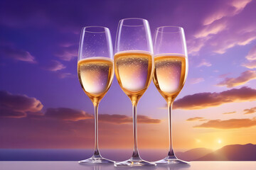 Obraz premium Three champagne glasses perched elegantly side by side, delicate stems visible against a panoramic backdrop of billowing white clouds, sky gradient of orange to purple dusk tones. Generative AI