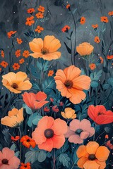 A colorful flowers in a field. Vibrant brushstrokes capture the delicate essence of a blooming poppy, as it stands tall among a sea of colorful annuals in a picturesque field painting