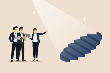 Business opportunities. Career. Uncovering the ladder of success. The spotlight reveals a hidden staircase. Business vector illustration.