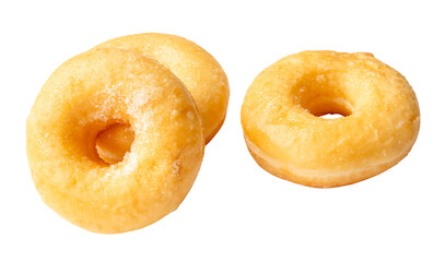 Front view set of three delicious Cinnamon Sugar Mini Donuts isolated on white background with clipping path. Donuts with sugar sprinkle