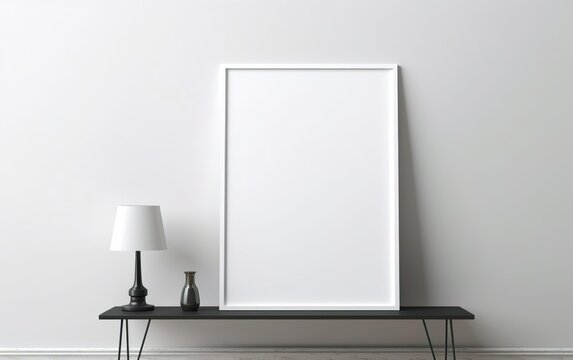 Black and white minimalistic interior. Empty frame with copy space for quotes or products on the table. AI Generative.