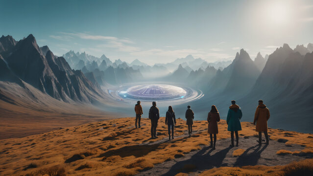 people standing on a hill looking at a large alien spaceship