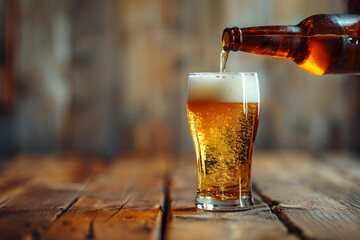 Pouring a draught beer from beer bottle in glass serving in a gray background.