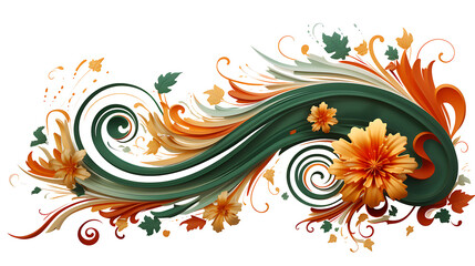 An abstract swirling pattern border and floral elements in a dynamic composition of green, orange, and yellow