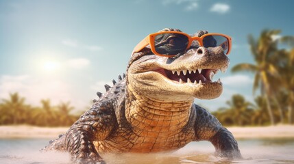 Experience the intensity of an alligator leaping onto the beach in a stunning close-up photo. Ai Generated - obrazy, fototapety, plakaty