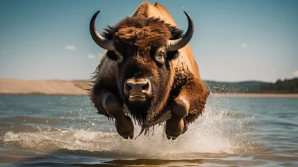 Fotobehang Experience the intensity of an bison leaping onto the beach in a stunning close-up photo, Ai Generated. © Crazy Juke