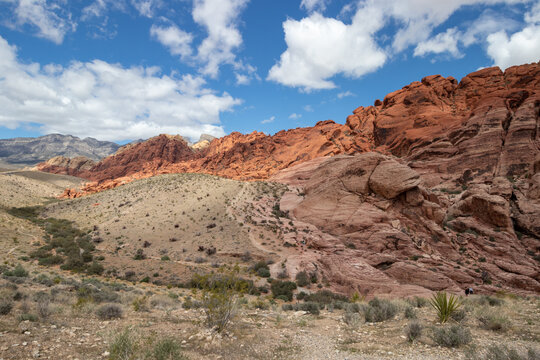 Hiking trail through the red rocks in the Mojave desert in Las Vegas, Nevada