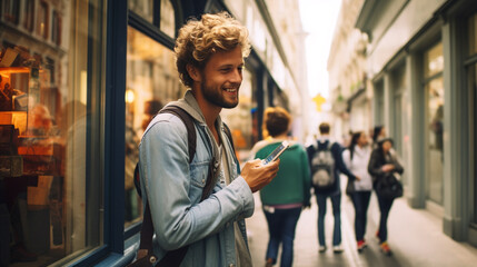 A blonde hair French Guy holding his cellphone smiling at a tourist attraction - obrazy, fototapety, plakaty