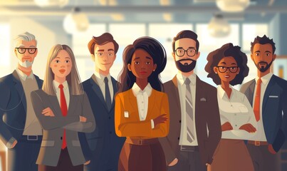 Teamwork concept, A vibrant illustration of a diverse business team collaborating in a modern office environment, showcasing a range of ethnicities, ages, and abilities, in professional attire - obrazy, fototapety, plakaty