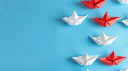 Group of white paper ships sailing together, contrasted by one red ship pointing a different way on a blue background. Ai Generated