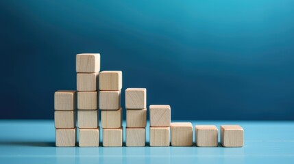 Woman's hand stacking wood blocks as steps on a blue background. Ai Generated