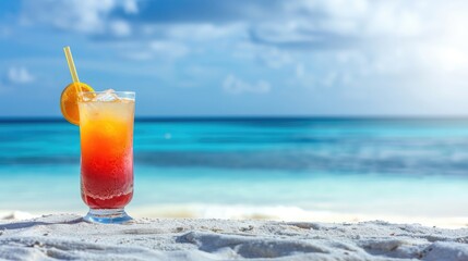 Cool summer cocktail on white beach, sea view, space for text, Ai Generated.