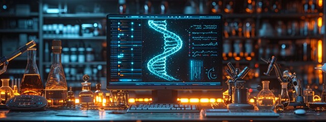 DNA medical screen hologram science hud data analysis body research background futuristic. Screen DNA infographic medical scan health digital 3d technology medicine human tech ui graph interface lab