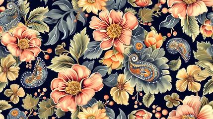 Photo sur Plexiglas Style bohème Watercolor seamless pattern with flowers and leaves in ethnic style. Floral decoration. Traditional paisley pattern. Textile design texture.Tribal ethnic vintage seamless pattern 