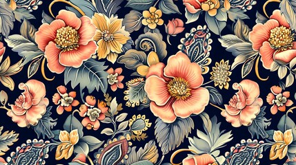 Watercolor seamless pattern with flowers and leaves in ethnic style. Floral decoration. Traditional paisley pattern. Textile design texture.Tribal ethnic vintage seamless pattern 