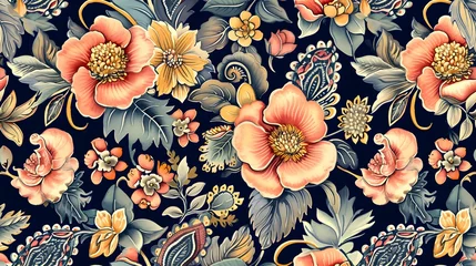 Foto op Aluminium Watercolor seamless pattern with flowers and leaves in ethnic style. Floral decoration. Traditional paisley pattern. Textile design texture.Tribal ethnic vintage seamless pattern  © korawik