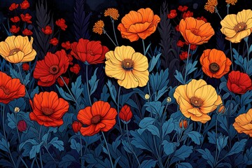 Fototapeta na wymiar A colorful flowers in a field. Vibrant brushstrokes capture the delicate essence of a blooming poppy, as it stands tall among a sea of colorful annuals in a picturesque field painting