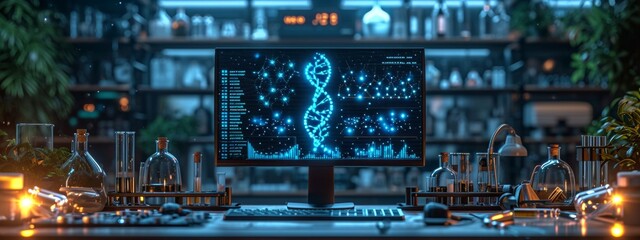 DNA medical screen hologram science hud data analysis body research background futuristic. Screen DNA infographic medical scan health digital 3d technology medicine human tech ui graph interface lab - obrazy, fototapety, plakaty