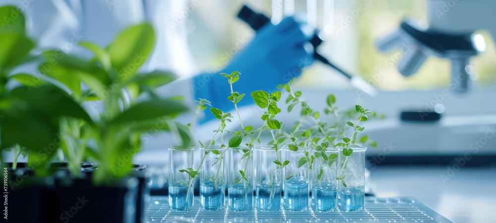 Poster plants in lab tube. science laboratory experiments analysis and genetic engineering study.