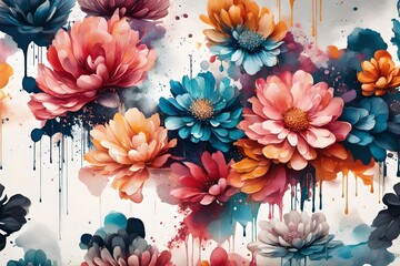 A stunning high-resolution illustration capturing the harmonious blend of vibrant liquid splashes on a clean canvas, featuring modern flower motifs for an added touch of sophistication - obrazy, fototapety, plakaty