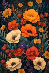 A colorful flowers in a field. Vibrant brushstrokes capture the delicate essence of a blooming poppy, as it stands tall among a sea of colorful annuals in a picturesque field painting

