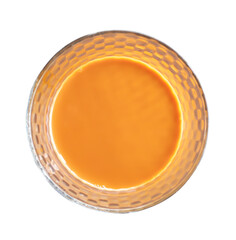 Top view of hot orange or yellow condensed milk tea in transparent glass isolated with clipping path in png file format