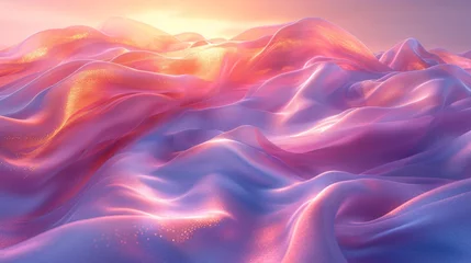 Zelfklevend Fotobehang 3D abstract silk cloth floating in pastel sunset landscape. Futuristic cyberpunk hyper realism details reflective holographic flow silk. peaceful calm background concept. © Jirawatfoto