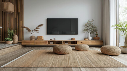 White color wall Background, minimal living room interior decor with a TV cabinet. plain light mock up. wooden furniture.