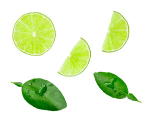 Top view set of green lemon half with slices and leaves isolated with clipping path in png file...