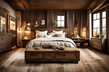 A rustic bedroom adorned with wooden accents, vintage furnishings, and warm lighting, evoking a comfortable and inviting feel