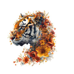 tiger made of flowers water painting vintage vivid colors