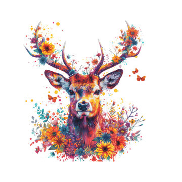 deer made of flowers water painting vintage vivid colors