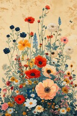 A colorful flowers in a field. Vibrant brushstrokes capture the delicate essence of a blooming poppy, as it stands tall among a sea of colorful annuals in a picturesque field painting