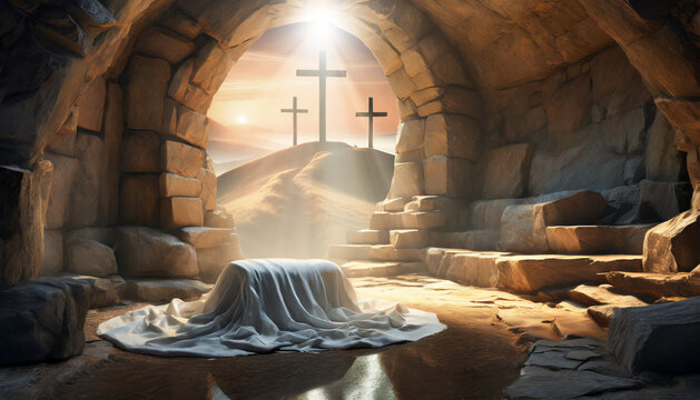 Empty tomb with white shroud laying inside on a stone, three cruises in the background. Resurraction of Jesus.