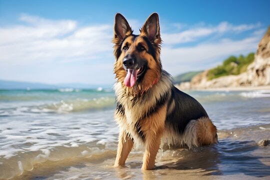 German Shepherd dog enjoying a day at the beach in France. Concept Dog Photography, Beach Fun, Pet Portraits, Summer Vibes, Traveling with Pets
