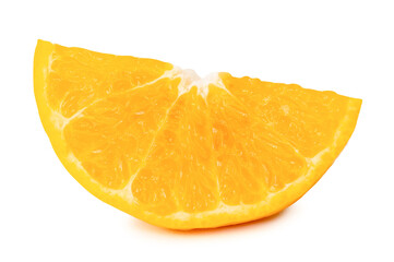 Front view of fresh shogun or tangerine mandarin orange slice or quarter isolated on white background with clipping path