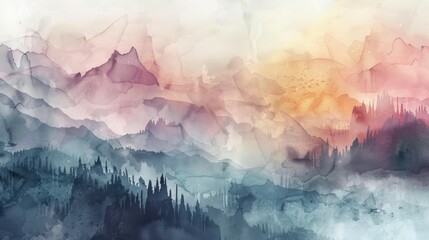 Abstract Watercolor Mountain Landscape. Artistic watercolor rendition of a layered mountain landscape, merging hues of pinks, blues, and purples in a dreamlike composition.