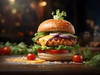 Chicken burger with cheese, tomatoes, red onions, cucumber, and lettuce on black slate against a dark background. Unhealthy food