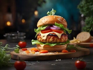 A homemade chicken burger served on a rustic serving board with vegetables and crispy bacon