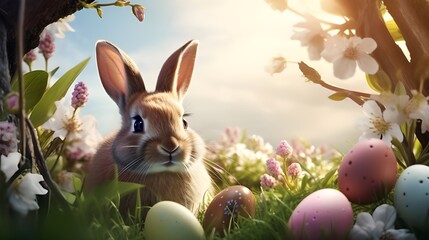 Fototapeta na wymiar Bunny family with easter eggs on spring meadow