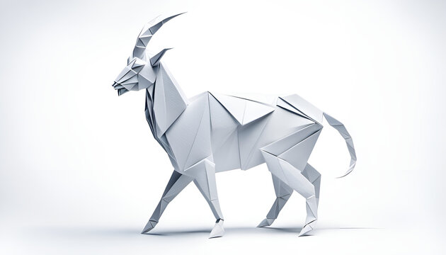 Sternzeichen Steinbock Capricornus  in geometrischen Formen, wie 3D Papier in wei&szlig; wie Origami Falttechnik Symbol Wappentier Logo Vorlage Tiere Huftier Natur Bauernhof Nutztier Ziege H&ouml;rner Bart 