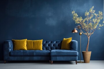 Enhance your space with an elegant tufted corner sofa against a dark blue stucco wall. Style perfected, Ai Generated.