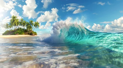  A vibrant ocean wave crashes, framing a tropical island in a palette of colors, Ai Generated. © Crazy Juke