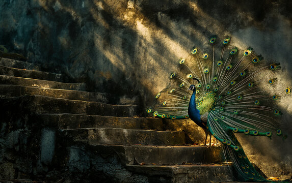 Male peacock spread tail-feathers. Generative AI