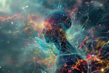 A futuristic concept image, holographic nerve cells and neurotransmitters enveloping a ghosted human form, neural connectivity and complexity. - obrazy, fototapety, plakaty